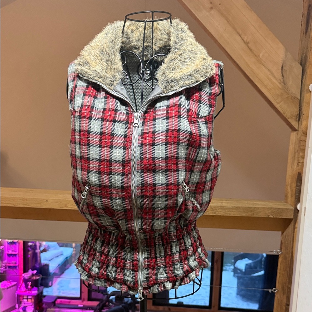 Super Cute Vest By Takeout Faux Fur with Plaid Front and Crochet Back